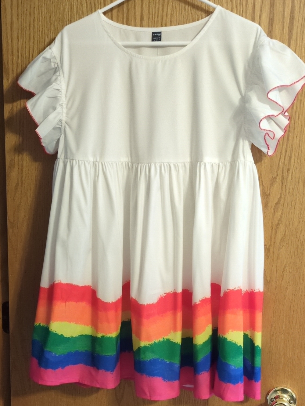SHEIN White Short Ruffle Sleeve Dress with Rainbow Hem S NWOT